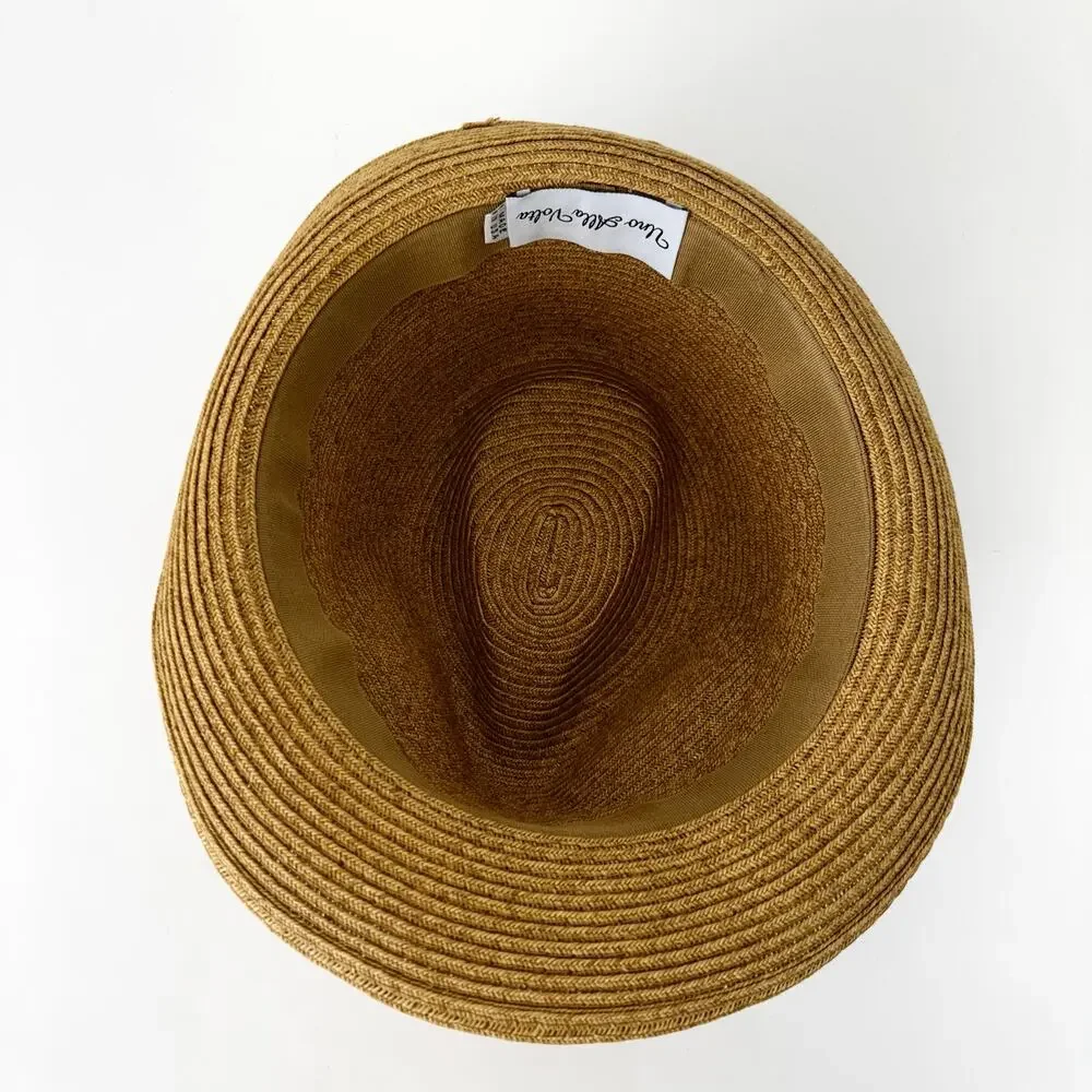 Uno Alla Volta Fedora Raffia Hat Feather Gems Rhinestone Band Tan Made in USA